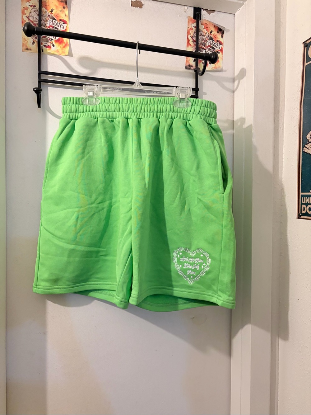 Bella Doña- size L- apple green fleece shorts w/ embr. And pockets. NWT